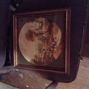 Painting in a wooden frame early 1900s farmers and their City